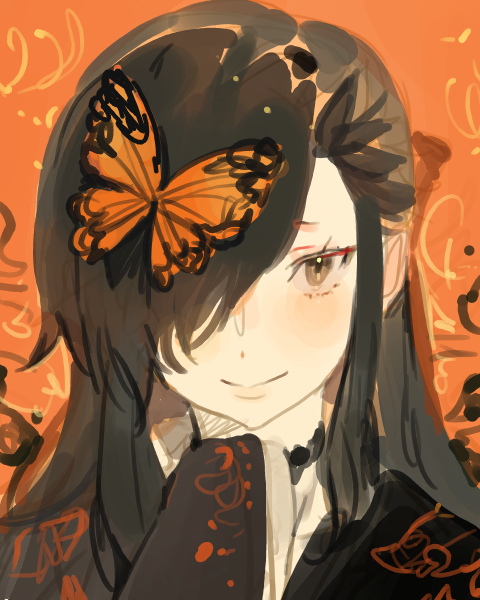 1boy black_hair blush brown_eyes bug butterfly crossdressing crossdressing_(mtf) hair_over_one_eye insect kuzuvine looking_at_viewer natsuki_subaru natsumi_schwarz non-web_source orange_background orange_theme re:zero_kara_hajimeru_isekai_seikatsu sketch solo source_request trap