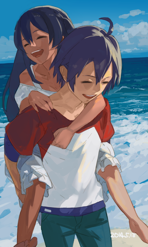 1boy 1girl :d ahoge barefoot black_hair captain_earth cloud dark-skinned_female dark_skin dated dress long_hair manatsu_daichi mutou_hana ocean open_mouth short_hair smile toro_(konirio)