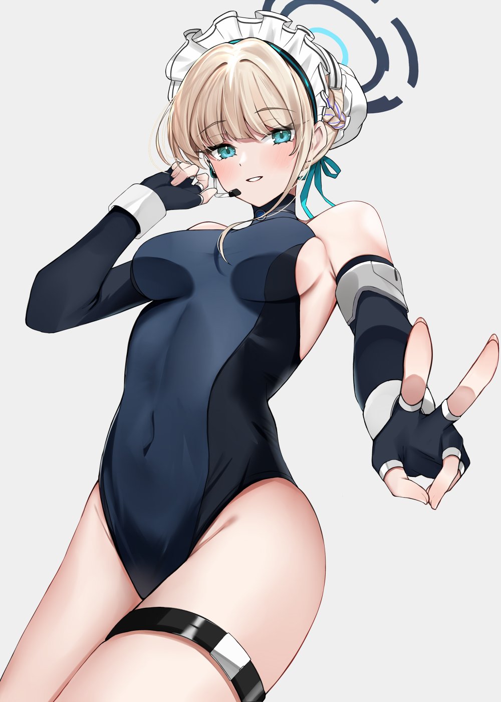 1girl blonde_hair blue_archive blue_eyes blue_ribbon blush braid breasts earpiece elbow_gloves feet_out_of_frame fingerless_gloves gloves hair_ribbon halo highres leotard looking_at_viewer maid_headdress medium_breasts multicolored_leotard nemun_(tamizzz) parted_lips ribbon short_hair simple_background skin_tight sleeveless_turtleneck_leotard smile solo thigh_strap toki_(blue_archive) two-tone_leotard v white_background