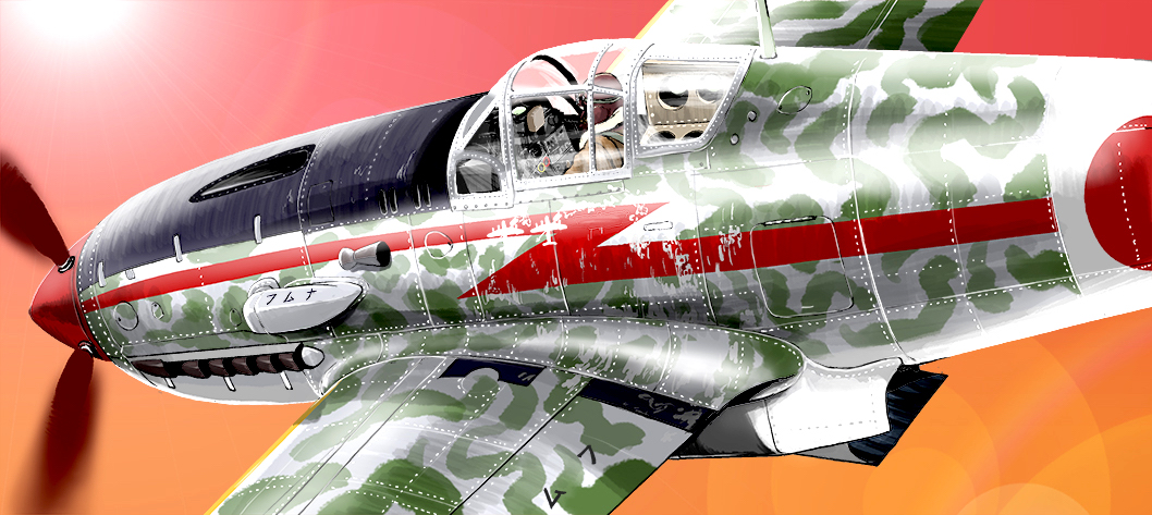 1other aircraft airplane commentary_request imperial_japanese_army ki-61_hien matsuda_juukou military_vehicle orange_background original pilot propeller propeller_fighter red_background solo sun vehicle_focus world_war_ii