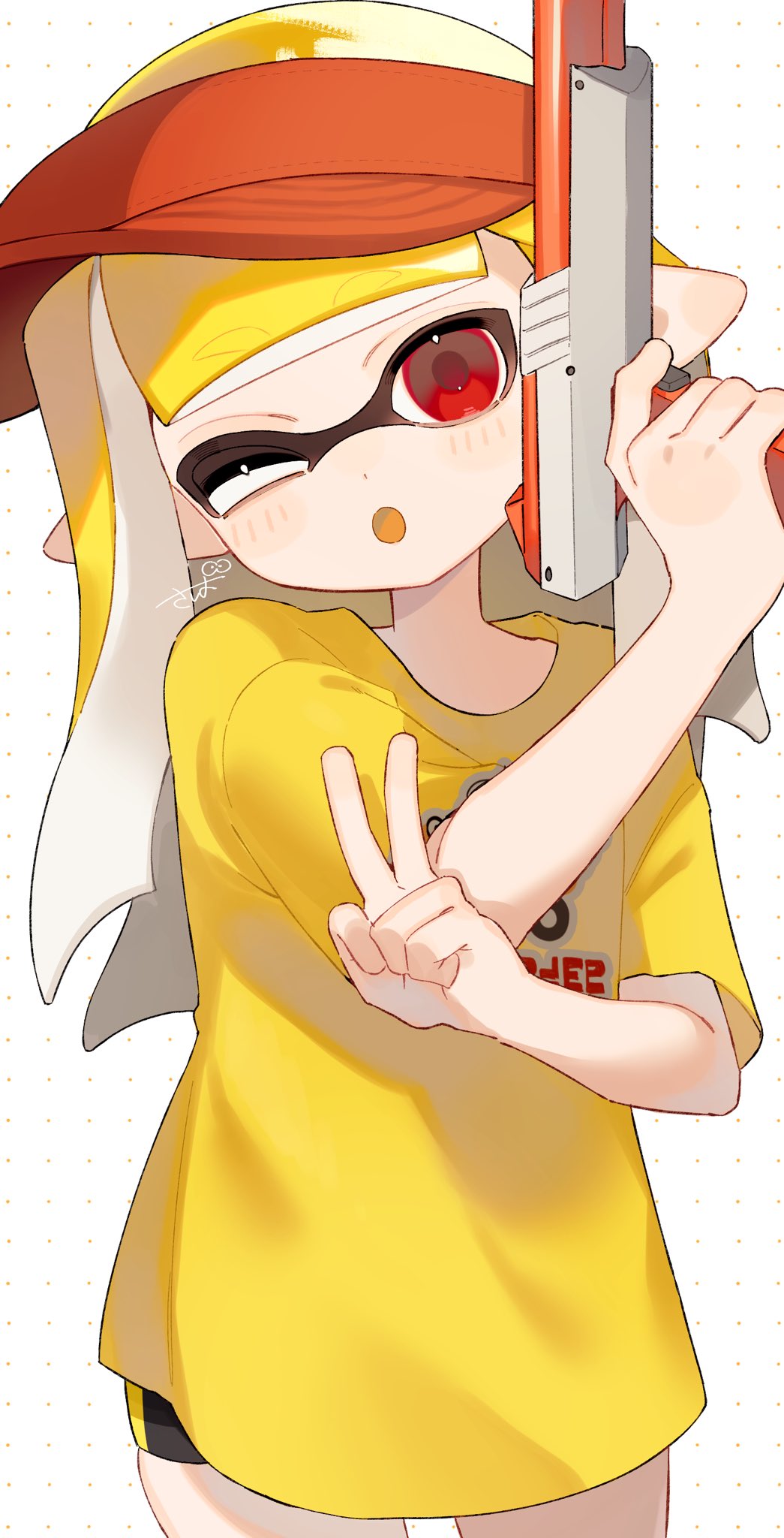 1girl :o black_shorts blonde_hair blunt_bangs colored_tongue commentary_request cowboy_shot hair_behind_ear hat highres holding holding_weapon inkling inkling_girl inkling_player_character long_hair long_shirt n-zap_(splatoon) nintendo one_eye_closed open_mouth orange_hat pointy_ears polka_dot polka_dot_background red_eyes sabata_saba shirt short_sleeves shorts signature solo splatoon_(series) tentacle_hair v visor_cap weapon white_background yellow_shirt yellow_tongue