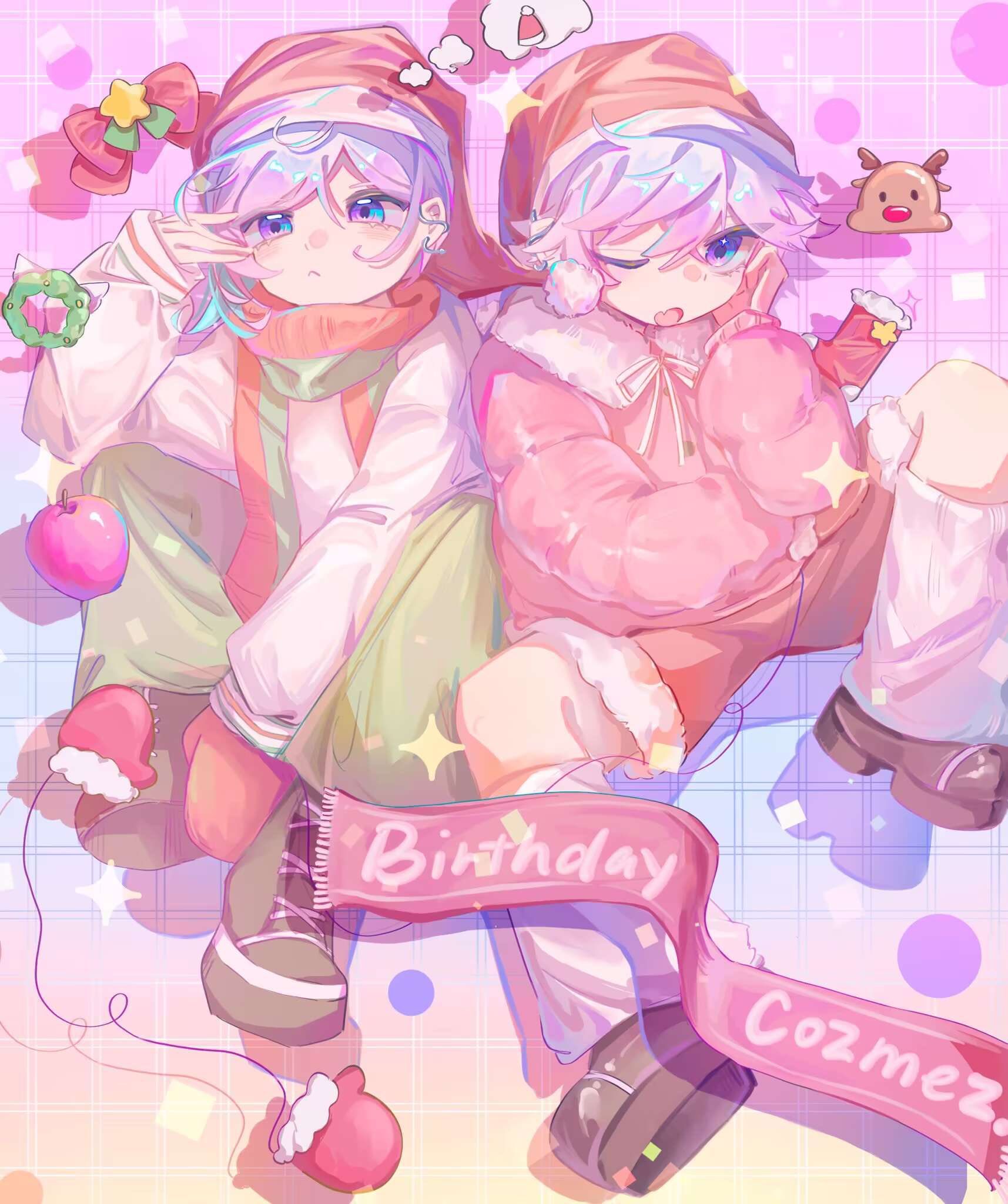 2boys aqua_hair brothers christmas cozmez_(paradox_live) happy_birthday highres male_focus medium_hair mererain multicolored_hair multiple_boys paradox_live phantometal_(paradox_live) purple_eyes purple_hair rudolph_the_red_nosed_reindeer short_hair siblings twins yatonokami_kanata yatonokami_nayuta