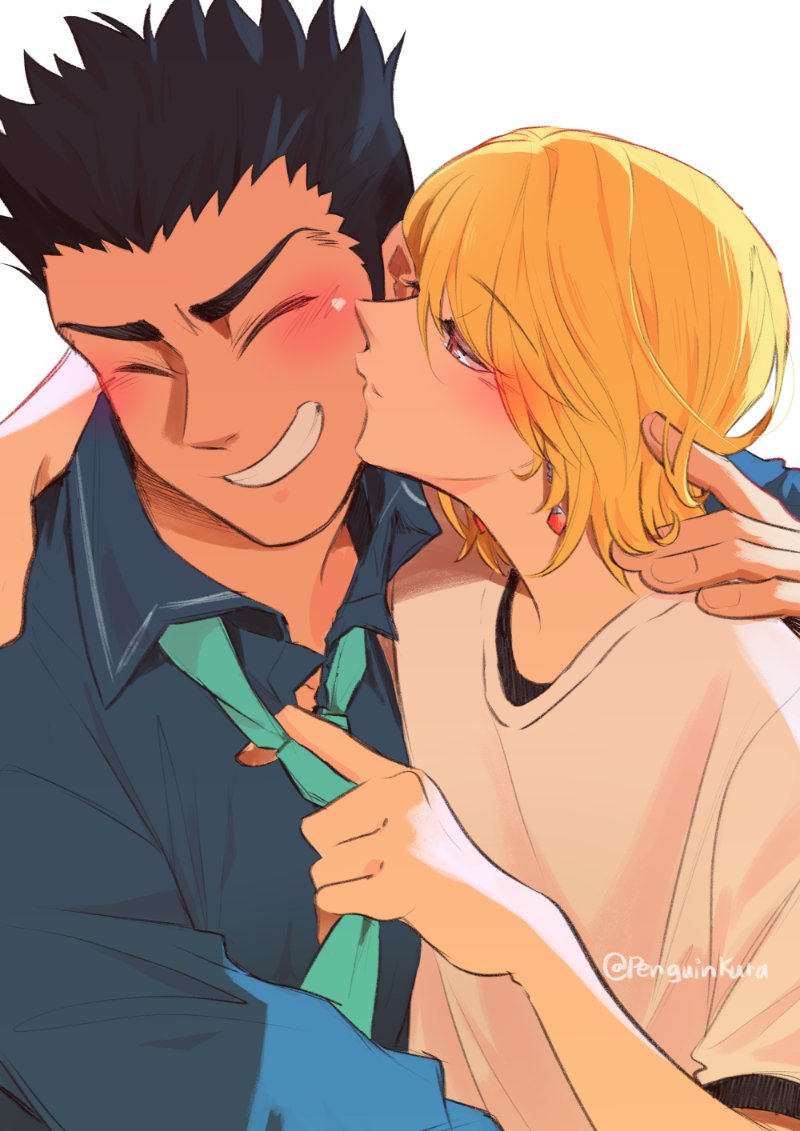 2boys blue_skirt blush earrings hunter_x_hunter jewelry kurapika leorio_paladiknight medium_hair multiple_boys necktie penguinkura red_eyes shirt short_hair short_sleeves skirt smile white_background white_shirt yaoi