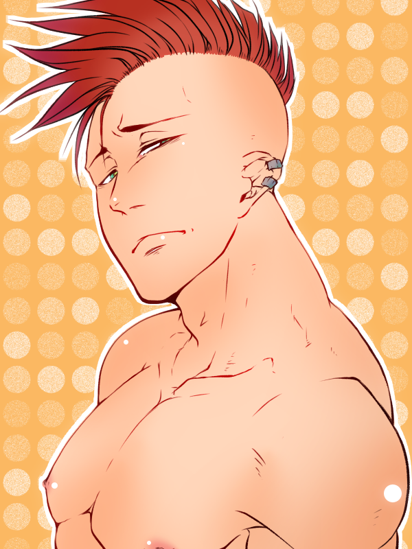 1boy bald bazz-b bleach earrings green_eyes jewelry male_focus natsu_kaze nipples red_hair topless_male solo upper_body