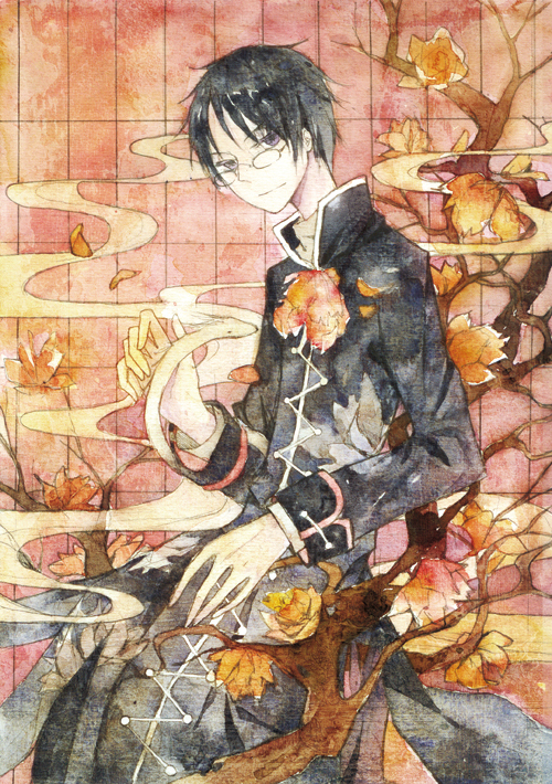 1boy black_coat black_hair branch coat flower glasses grid_background leaf long_sleeves looking_at_viewer male_focus painting_(medium) red_background short_hair smile solo traditional_media tree watanuki_kimihiro watercolor_(medium) xxxholic ynoki