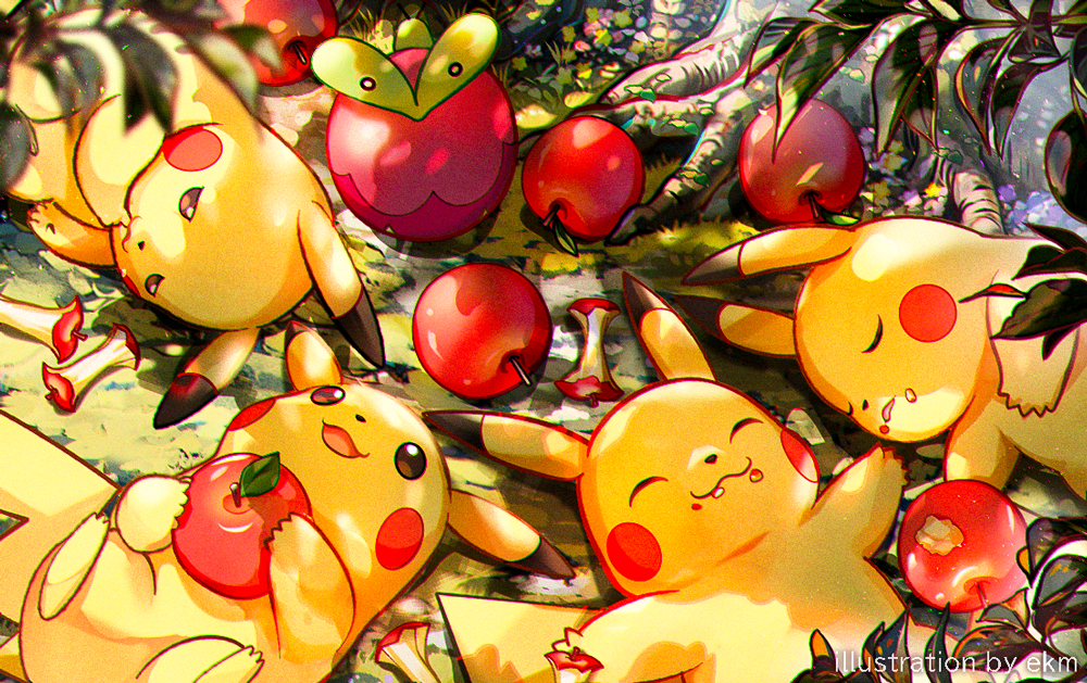 :d apple apple_core applin closed_eyes closed_mouth commentary_request day ekm food food_on_face fruit game_freak gen_1_pokemon gen_8_pokemon grass holding holding_food holding_fruit lying nintendo no_humans on_back open_mouth outdoors pikachu pokemon pokemon_(creature) smile
