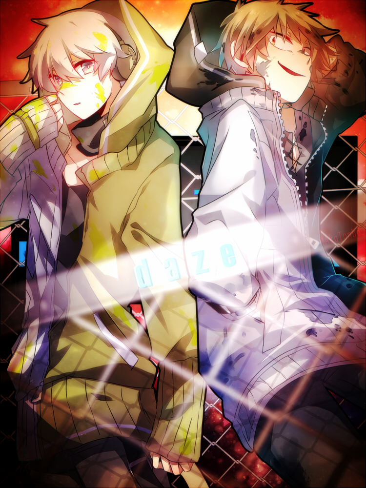 2boys aka_tonbo_(lililil) blonde_hair headphones hood hoodie kagerou_project kano_shuuya konoha_(kagerou_project) multiple_boys paint_splatter red_eyes short_hair silver_hair vocaloid