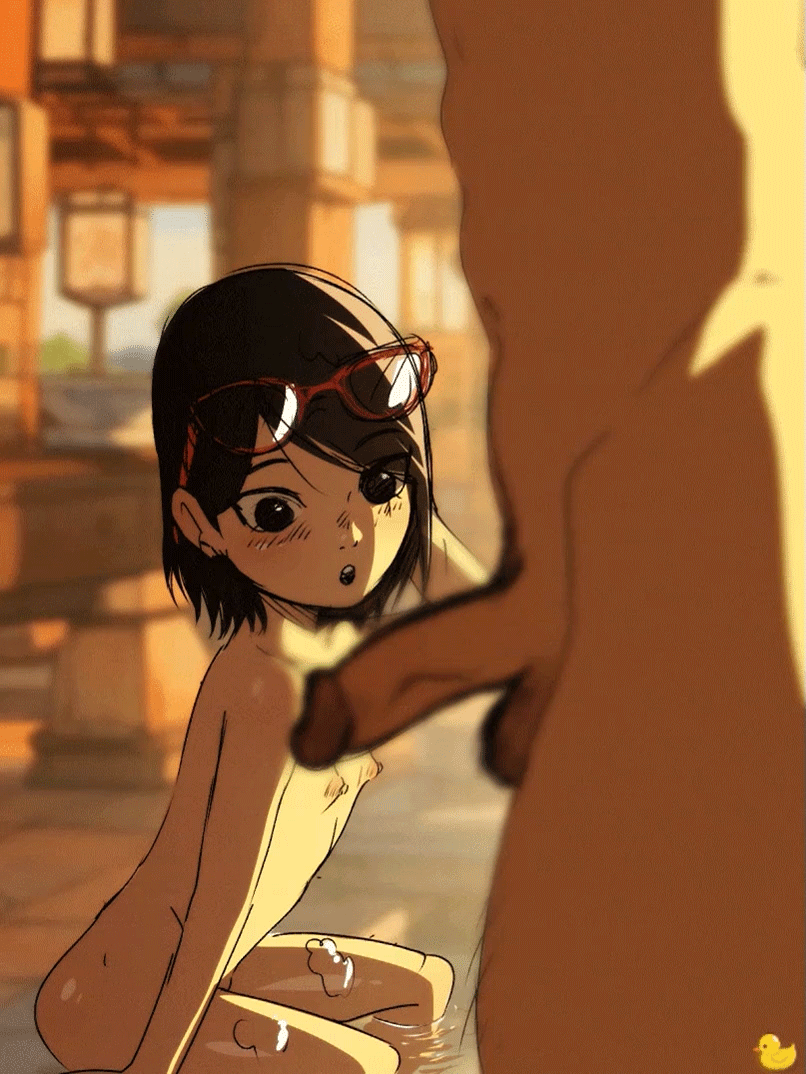 1boy 1girl age_difference angelyeah animated animated_gif bath bathhouse black_hair blurry blurry_background blurry_foreground blush boruto:_naruto_next_generations developing_erection eyewear_on_head flat_chest glasses glasses_on_head loli looking_at_penis mixed-sex_bathing naruto_(series) nipples nude open_mouth penis penis_awe red-framed_eyewear shared_bathing sitting soap_bubbles standing swept_bangs testicles twitching_penis uchiha_sarada uncensored water