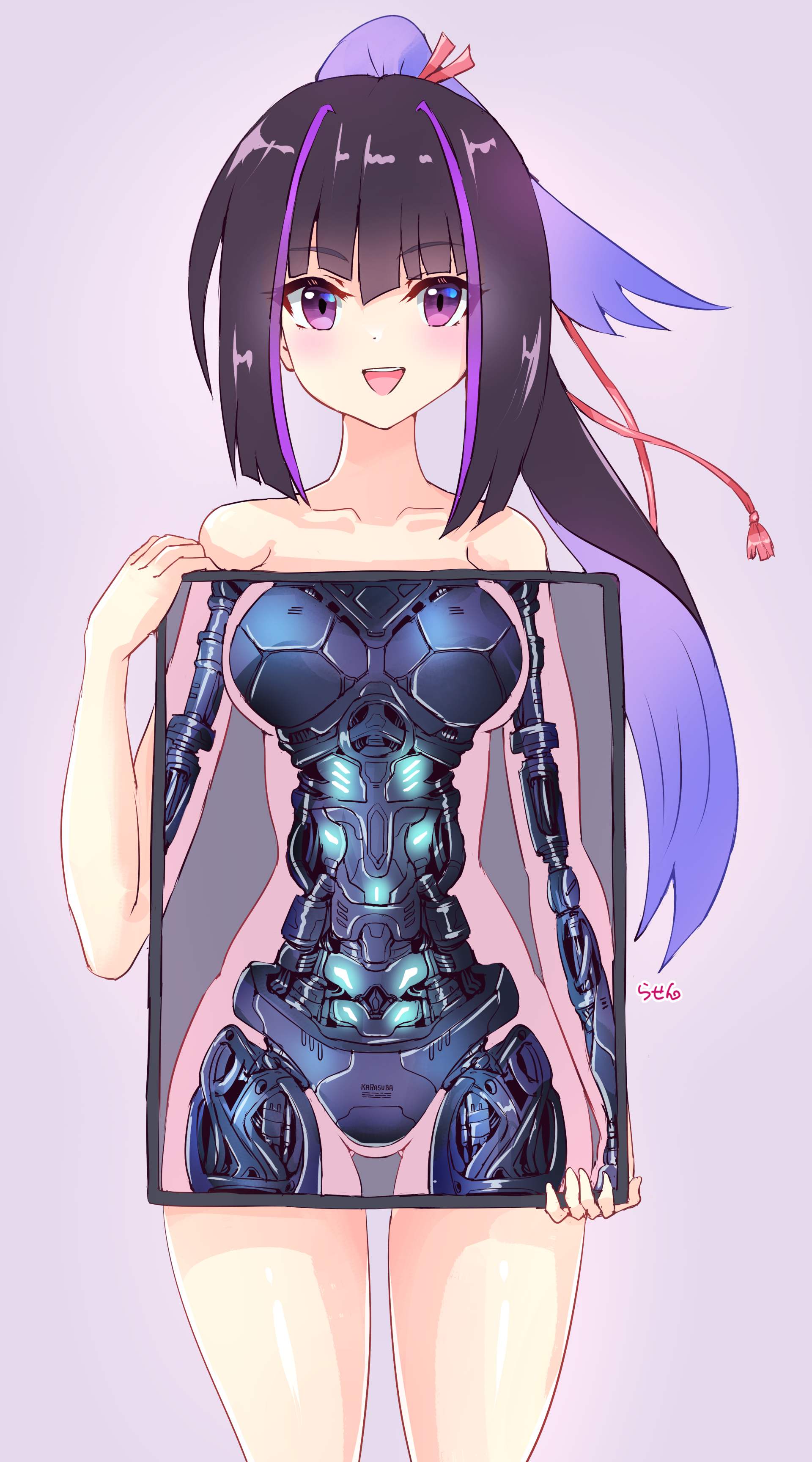 1girl absurdres android blush breasts commission completely_nude happy highres holding karasuba_(prima_doll) lights long_hair looking_at_viewer machine mechabare medium_breasts metal multicolored_hair nude open_mouth pixiv_commission prima_doll_(anime) purple_eyes rasen_manga ribbon robot_girl screen simple_background skeleton smile solo x-ray