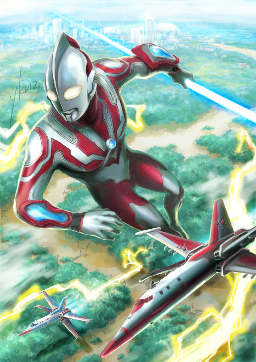 1boy aircraft airplane charging_forward city cloud cloudy_sky color_timer colored_skin commentary_request electricity energy_spear floating forest highres looking_ahead male_focus metal_skin multicolored_skin nature no_pupils red_skin signature silver_skin sky snowslide tokusatsu ultra_series ultraman_ribut upin_&amp;_ipin vambraces yellow_eyes