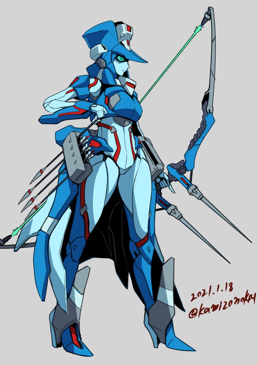 1girl arrow_(projectile) autobot blue_eyes bow_(weapon) breasts chromia dated from_side grey_background holding holding_arrow holding_bow_(weapon) holding_weapon kamizono_(spookyhouse) looking_to_the_side mecha medium_breasts no_humans robot science_fiction solo transformers weapon
