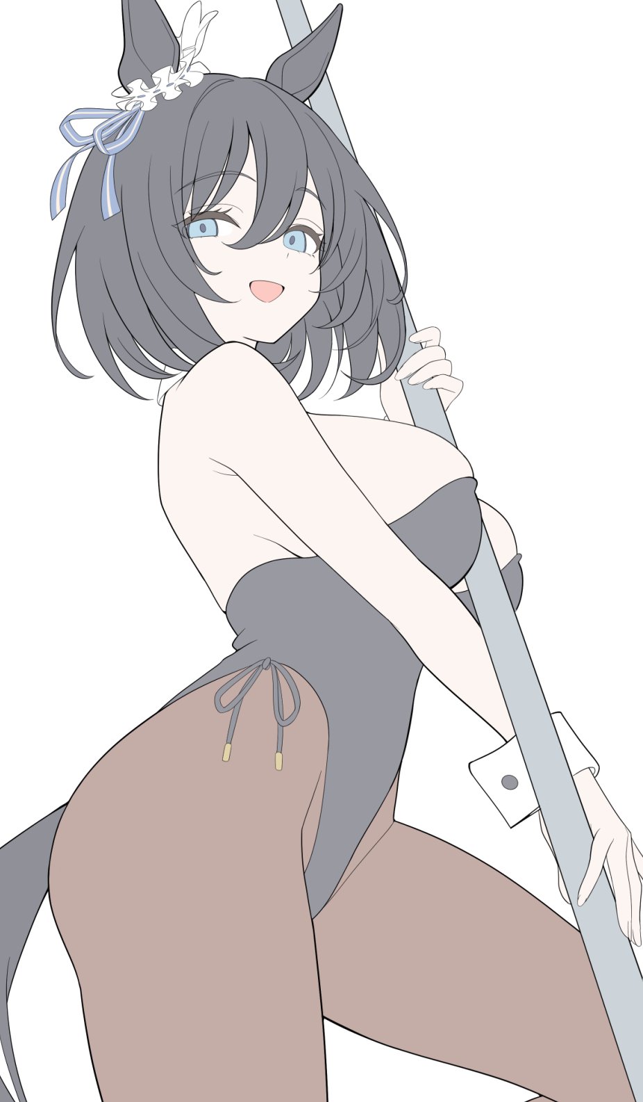 1girl animal_ears black_hair black_leotard black_pantyhose blue_eyes bob_cut breasts ear_scrunchie eishin_flash_(umamusume) flat_color hair_between_eyes highres horse_ears horse_girl horse_tail large_breasts leotard looking_at_viewer nontraditional_playboy_bunny pantyhose pole pole_dancing scrunchie side-tie_leotard simple_background solo sonoda_345 strapless strapless_leotard stripper_pole swept_bangs tail umamusume white_background white_scrunchie wrist_cuffs