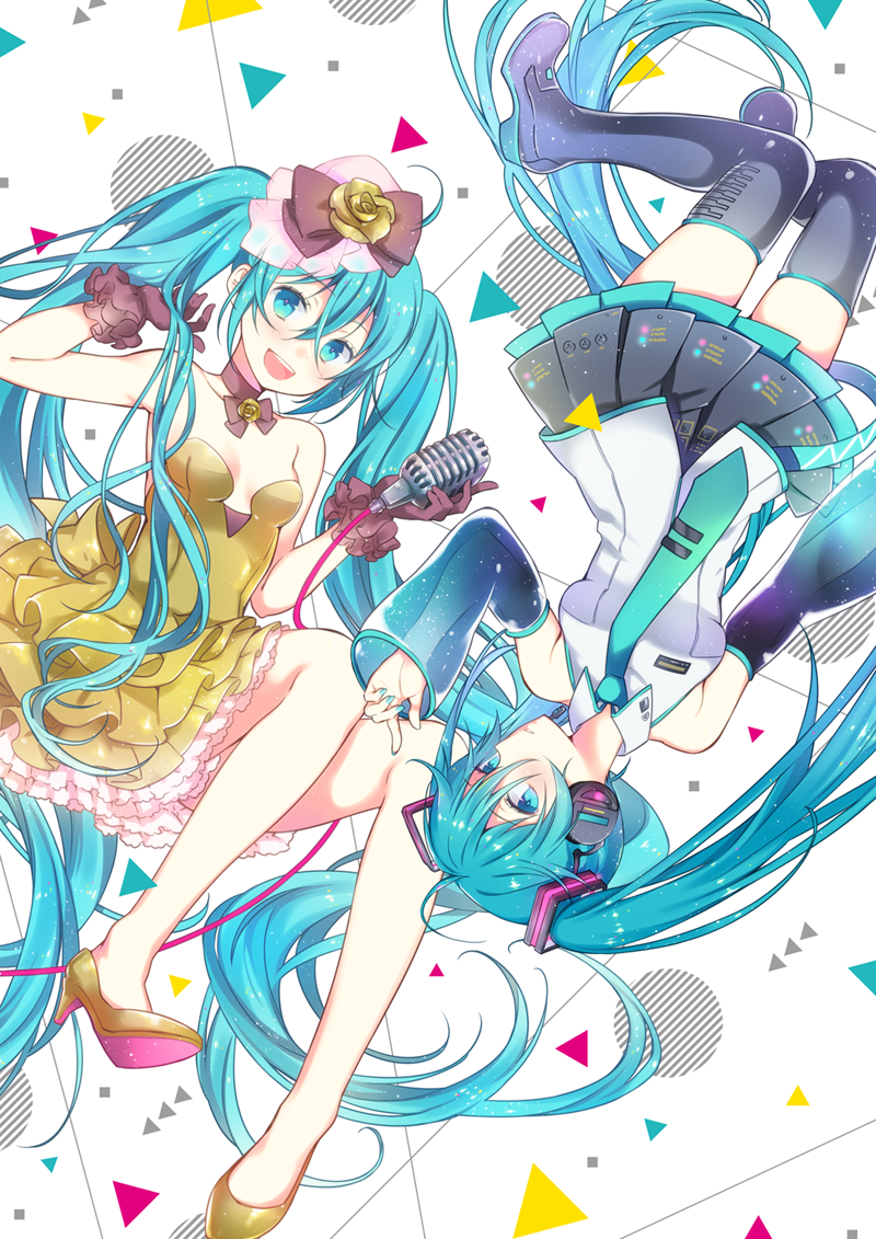 2girls absurdly_long_hair aqua_eyes aqua_hair detached_sleeves dress dual_persona gloves hatsune_miku hatsune_miku_(siren) headphones high_heels kochira_koufuku_anshin_iinkai_desu_(vocaloid) long_hair looking_at_viewer microphone multiple_girls necktie no_socks skirt thighhighs twintails very_long_hair vocaloid wogura