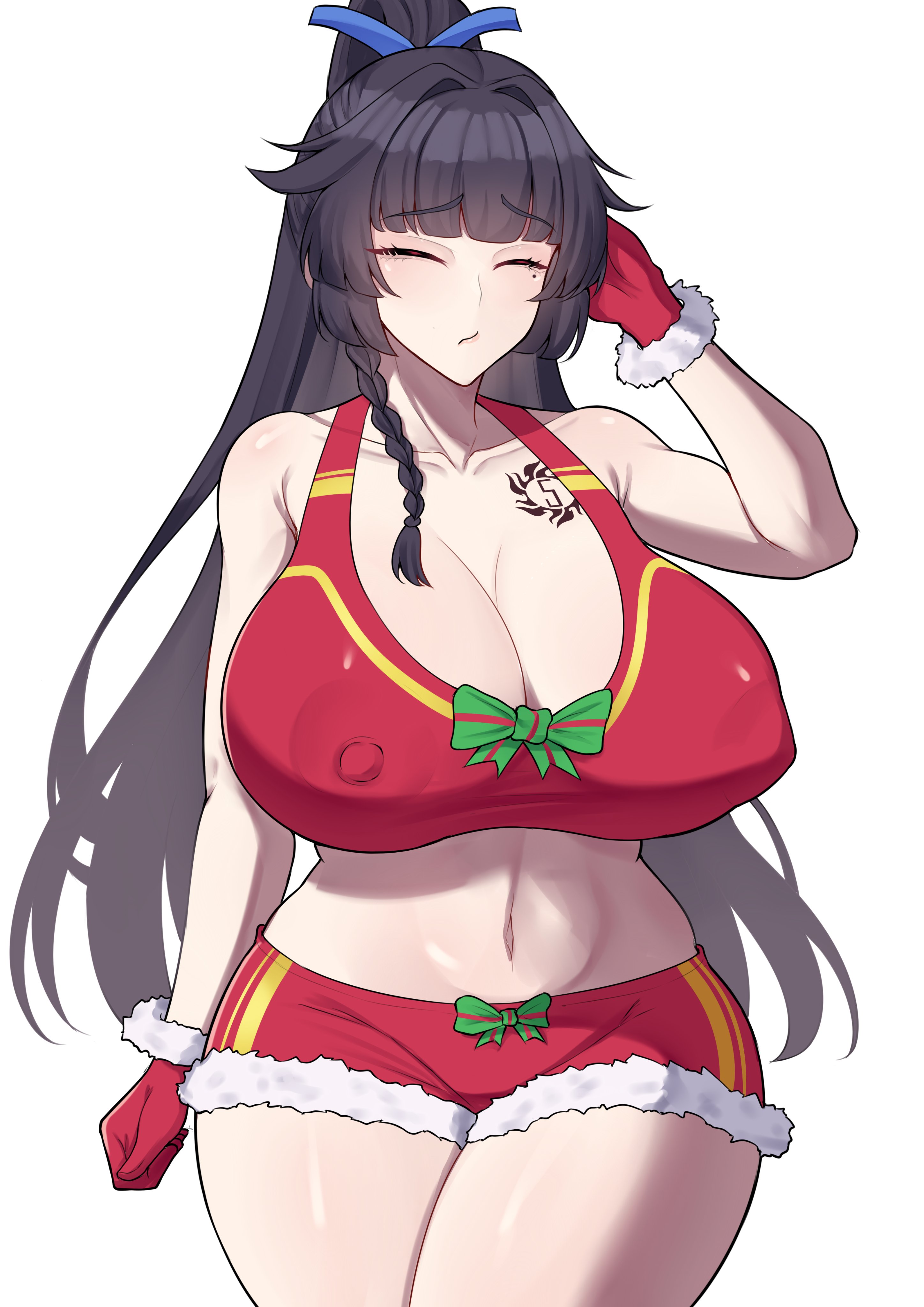 1girl absurdres band-width black_hair blue_ribbon bow braid breasts chest_tattoo closed_eyes closed_mouth collarbone commission covered_erect_nipples fur-trimmed_gloves fur-trimmed_shorts fur_trim gloves green_bow hair_ribbon highres large_breasts long_hair mole mole_under_eye navel ponytail red_gloves red_shorts ribbon shadow shorts smile solo tatakau_ni_atai_suru tattoo white_background yamaguchi_ryoko