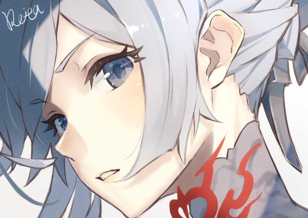 1girl bad_id bad_twitter_id blue_eyes choker grey_eyes hair_ornament hoshizaki_reita looking_at_viewer parted_lips short_hair simple_background single_sidelock sinoalice snow_white_(sinoalice) solo white_background white_hair