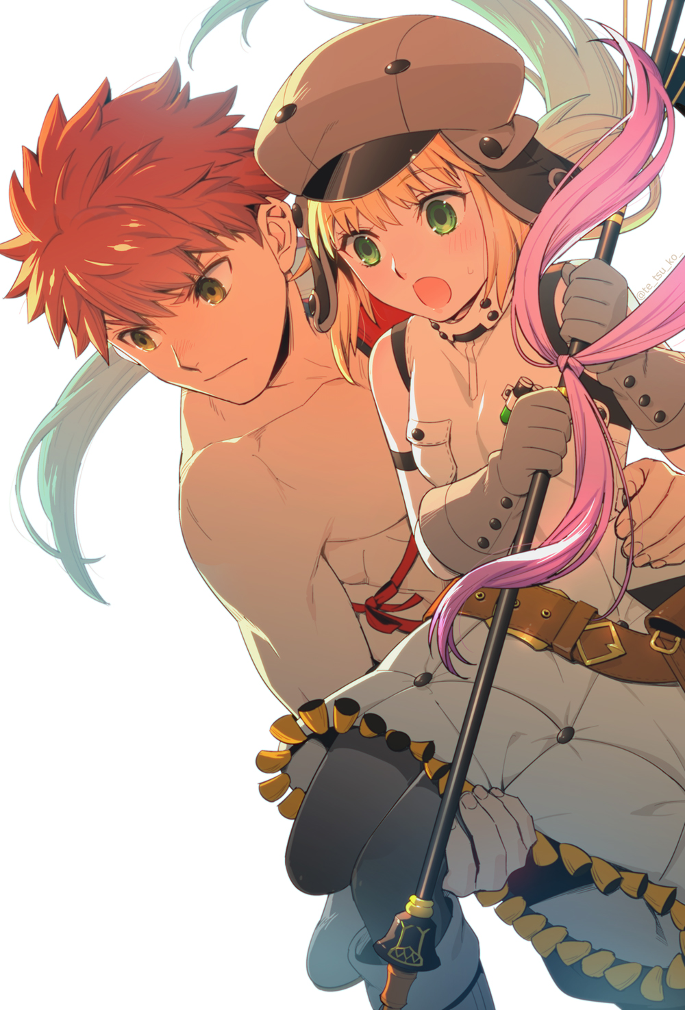 1boy 1girl artoria_caster_(fate) artoria_caster_(first_ascension)_(fate) artoria_pendragon_(fate) blonde_hair blush boots carrying emiya_shirou fate/grand_order fate_(series) gloves green_eyes grey_gloves grey_headwear hat highres holding limited/zero_over open_mouth orange_hair princess_carry senji_muramasa_(fate) simple_background staff sweatdrop tassel tetsukuzu_tetsuko twitter_username white_background yellow_eyes