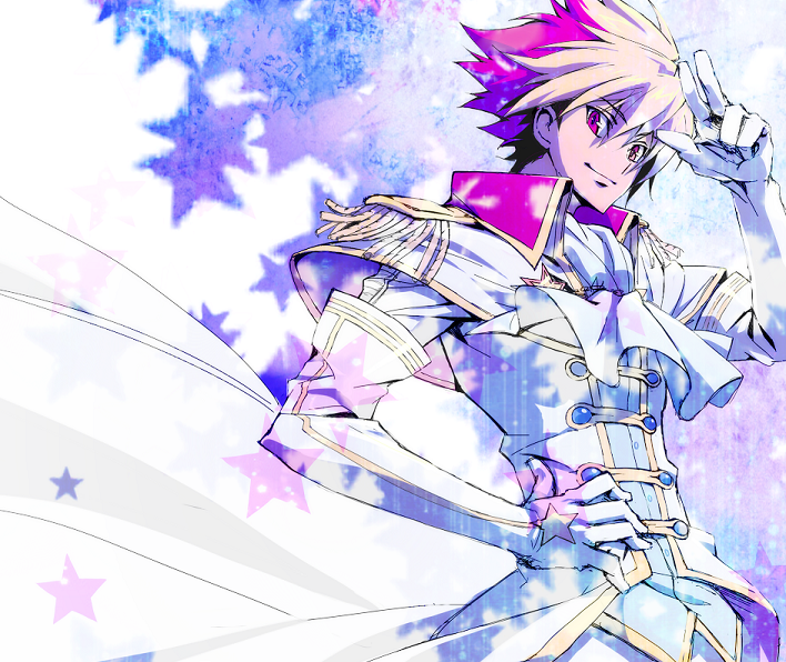 10s 1boy blonde_hair c_(rahit) colored_bangs epaulettes gloves male_focus multicolored_hair rahit red_eyes red_hair short_hair solo star_(symbol) star_driver tsunashi_takuto two-tone_hair