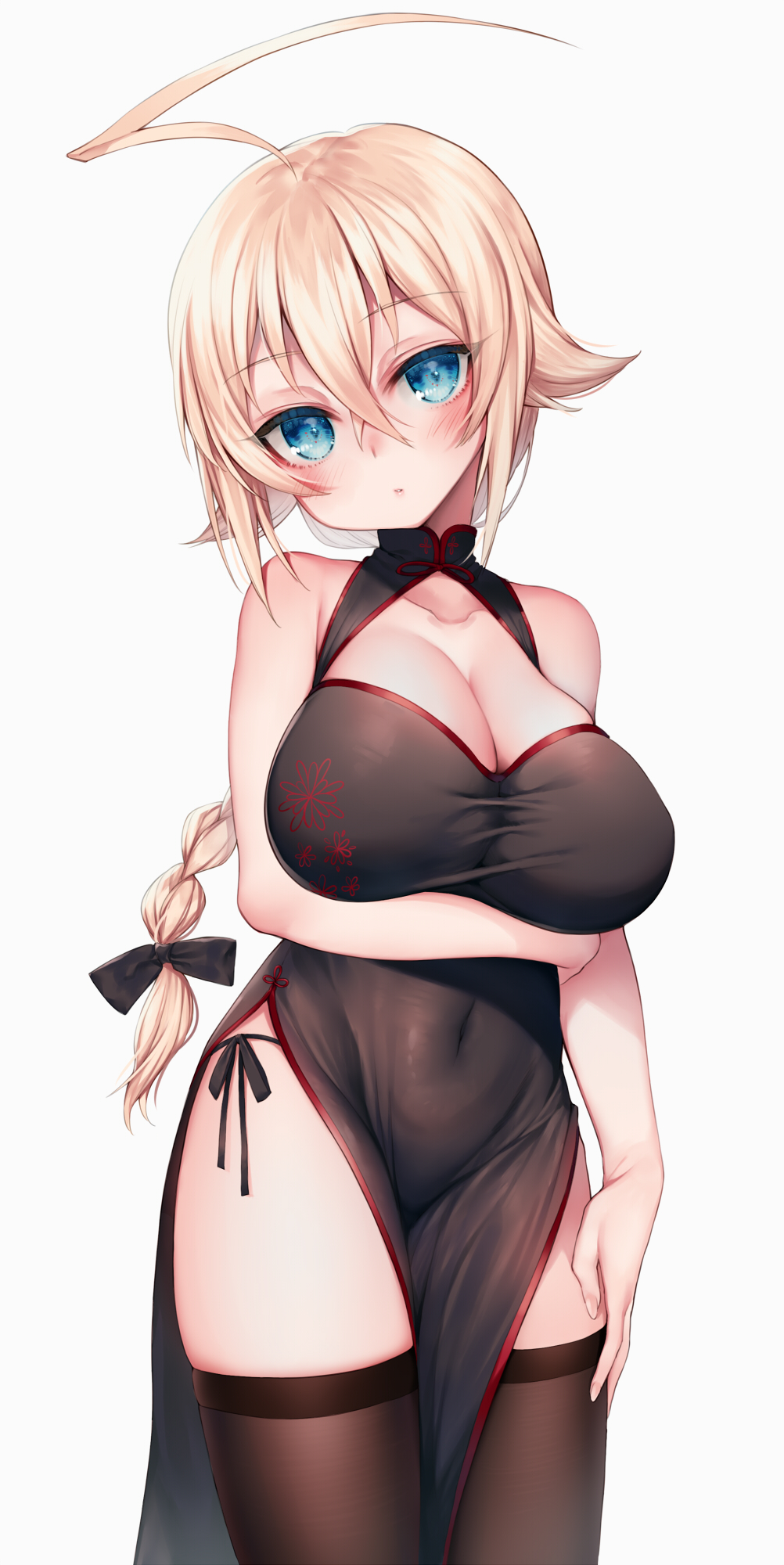 1girl ahoge arm_under_breasts black_dress black_thighhighs blazblue blonde_hair blue_eyes bow braid breasts china_dress chinese_clothes cleavage cleavage_cutout clothing_cutout covered_navel cowboy_shot cropped_legs dress es_(xblaze) female_focus grey_background hair_between_eyes hair_bow head_tilt highres hime_gyo large_breasts long_hair looking_at_viewer panties pelvic_curtain side-tie_panties side_slit simple_background single_braid sketch solo thighhighs underwear xblaze xblaze_code:_embryo