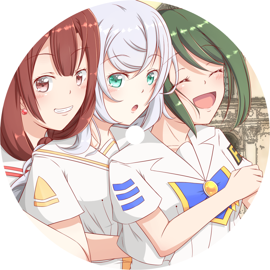 3girls aino_ai anya_dostoyevskaya aria_(manga) aria_company_uniform azusa_mclaren blouse blush bow bowtie cielo_(cielo_fox) himeya_company_uniform hug hug_from_behind looking_at_viewer multiple_girls orange_planet_uniform shirt smile upper_body