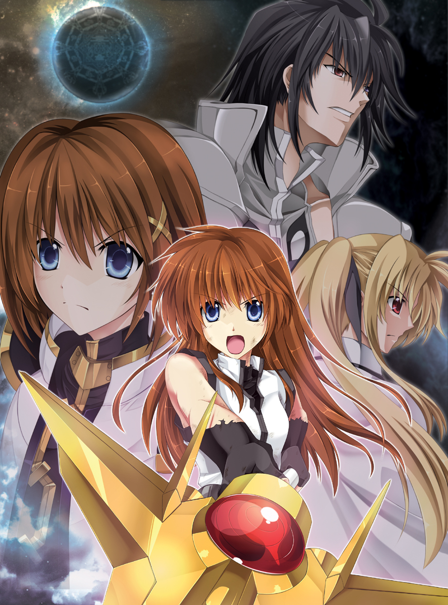 00s 1boy 3girls black_hair blonde_hair blue_eyes brown_hair cape crossover daijuuji_kurou demonbane fate_testarossa fate_testarossa_(impulse_form) foreshortening gloves hair_down hair_ribbon highres kagura_yuuto long_hair lyrical_nanoha mahou_shoujo_lyrical_nanoha_strikers multiple_girls open_mouth raising_heart raising_heart_(exceed_mode) red_eyes ribbon short_hair takamachi_nanoha torn_clothes twintails yagami_hayate