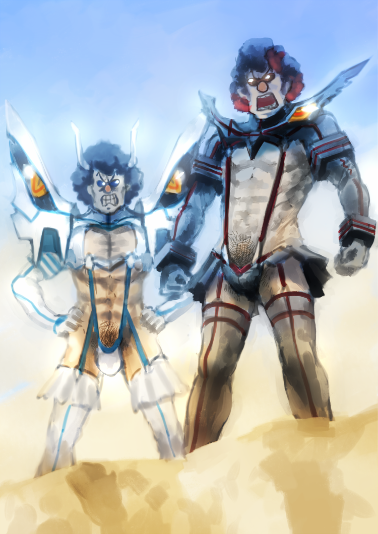 2boys bad_id bad_pixiv_id barinbo bulge cosplay creator_connection crossdressing jogan junketsu kill_la_kill kiryuuin_satsuki kiryuuin_satsuki_(cosplay) matoi_ryuuko matoi_ryuuko_(cosplay) multiple_boys muscular pubic_hair senketsu siblings sunglasses tengen_toppa_gurren_lagann thighhighs twins uyama_hajime