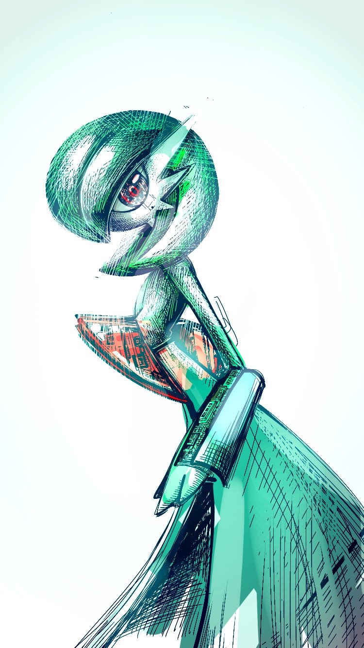 1girl ame_(metorui) arm_at_side bob_cut colored_skin female_focus flat_chest from_side gardevoir gen_3_pokemon green_hair green_skin hair_over_one_eye highres leaning_forward looking_at_viewer multicolored_skin nintendo one_eye_covered pokemon pokemon_(creature) profile red_eyes short_hair simple_background solo standing two-tone_skin white_background white_skin wrist_computer