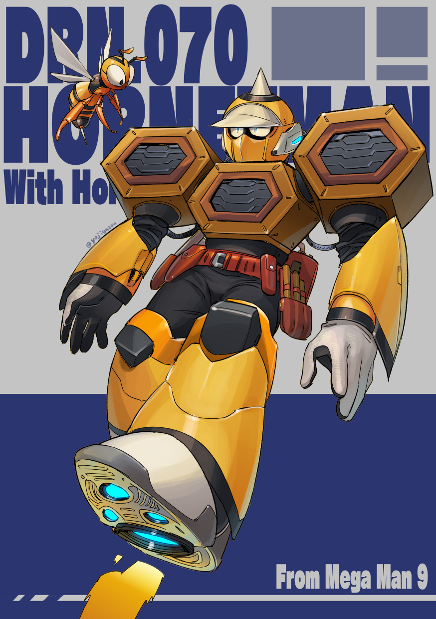 1boy bee blue_eyes bug commentary_request covered_mouth english_text flying highres hornet_man horns insect male_focus mega_man_(classic) mega_man_(series) mega_man_9 no_humans robot solo yojio_(2188)