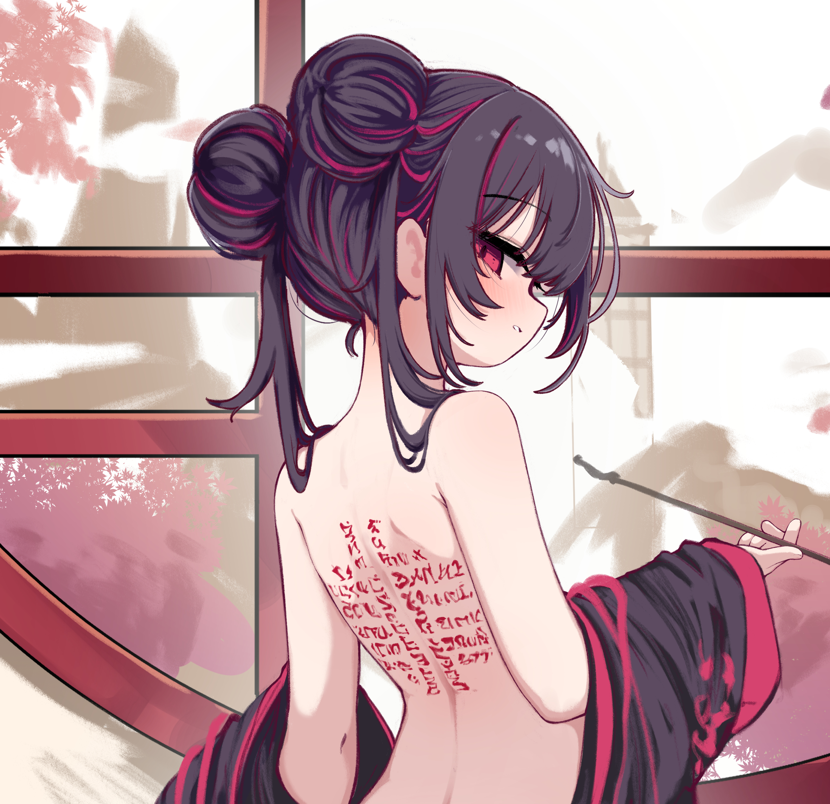 1girl absurdres architecture back back_tattoo bare_back bare_shoulders black_dress black_hair blush body_markings china_dress chinese_clothes double_bun dress east_asian_architecture from_behind hair_bun highres holding kimhiro kiseru light_smile long_hair looking_at_viewer looking_back multicolored_hair off_shoulder parted_lips partially_undressed red_dress red_eyes red_hair side_up_bun smoke smoking_pipe solo spine streaked_hair tattoo tree two-tone_dress two-tone_hair upper_body