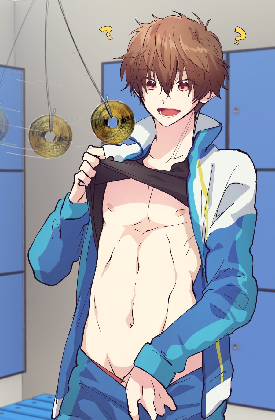 10s 1boy brown_hair clothes_lift clothes_pull free! highres hypnosis jacket kirishima_natsuya male_focus memeo_(candy_house) mind_control navel nipples open_mouth pants pants_pull red_eyes shirt_lift solo solo_focus track_jacket track_pants window yen