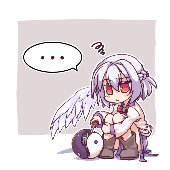 ... 1girl blush boots bow bowtie braid brooch collared_shirt feathered_wings french_braid grey_background hair_between_eyes isu_(is88) jacket jewelry kishin_sagume knees_up legs long_sleeves looking_down open_mouth red_bow red_bowtie red_eyes shirt short_hair simple_background single_wing solo speech_bubble squatting squiggle touhou white_background white_hair white_wings wings yin_yang