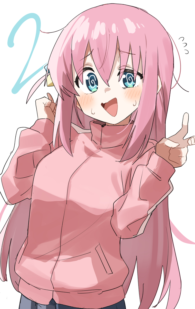 1girl @_@ black_skirt blue_eyes blush bocchi_the_rock! cube_hair_ornament gazacy_(dai) gotoh_hitori hair_ornament highres jacket long_hair long_sleeves looking_at_viewer one_side_up open_mouth pink_hair pink_jacket simple_background skirt solo track_jacket white_background