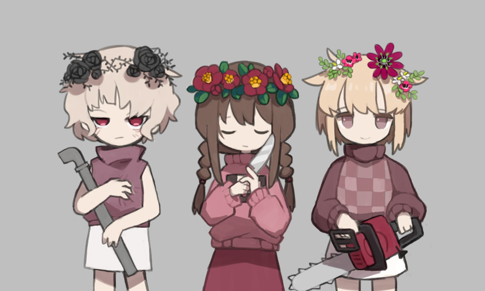 .flow 3girls black_flower blonde_hair braid brown_hair chainsaw closed_eyes closed_mouth expressionless flower grey_background head_wreath holding holding_chainsaw holding_knife holding_lead_pipe jitome knife lead_pipe leaf long_hair madotsuki multiple_girls pink_flower pink_sweater plaid_clothes plaid_sweater purple_flower purple_skirt purple_sweater red_eyes red_flower red_skirt regurusu_(nagarevosi) sabitsuki short_hair sidelocks simple_background skirt sleeveless sleeveless_sweater sleeveless_turtleneck smile sweater turtleneck twin_braids urotsuki white_hair white_skirt yume_2kki yume_nikki