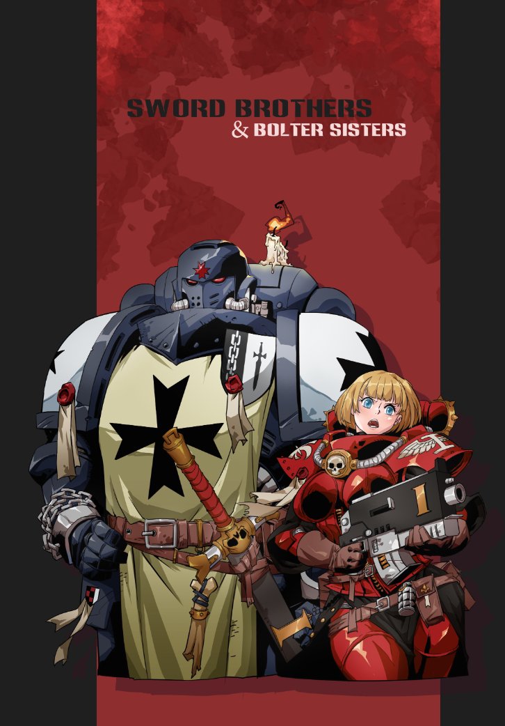 .75_calibre_bolt 1boy 1girl adepta_sororitas adeptus_astartes ammunition ammunition_pouch anti-materiel_cartridge armor blonde_hair blue_eyes bolt_(warhammer_40k) bolter bone candle chain english_text explosive gloves grenade helmet high-explosive_cartridge holding holding_weapon open_mouth pouch power_armor purity_seal rmulderz rocket-assisted_projectile sisters_of_battle skull surcoat sword warhammer_40k weapon window_magazine