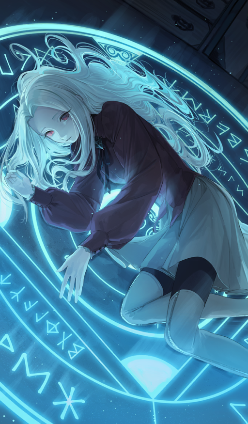 1girl aqua_theme black_pantyhose black_ribbon boots breasts brooch closed_mouth collared_shirt commentary curtained_hair dutch_angle expressionless fate/grand_order fate/zero fate_(series) feet_out_of_frame futhark glowing indoors irisviel_von_einzbern jewelry long_hair long_sleeves lying magic magic_circle mizutame_tori neck_ribbon official_art on_side pantyhose puffy_long_sleeves puffy_sleeves red_eyes red_shirt ribbon runes shirt sidelocks skirt solo thigh_boots third-party_source white_boots white_hair white_skirt wing_collar zipper