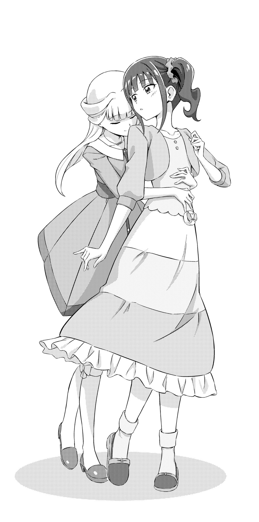 2girls closed_eyes commentary dress frills full_body greyscale hair_ornament hair_scrunchie highres hug hug_from_behind jacket kneehighs light_smile long_dress long_hair looking_at_another medium_hair monochrome multiple_girls nekoyashiki_mayu nekoyashiki_yuki nuenue precure scrunchie shoes side_ponytail socks standing three-quarter_sleeves wonderful_precure!