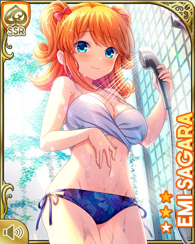 1girl barefoot bikini bikini_top_only blue_bikini blue_eyes breasts card_(medium) character_name cleavage closed_mouth girlfriend_(kari) indoors large_breasts navel official_art orange_hair qp:flapper sagara_emi shower_head showering smile spa standing swimsuit tagme tile_wall tiles two_side_up