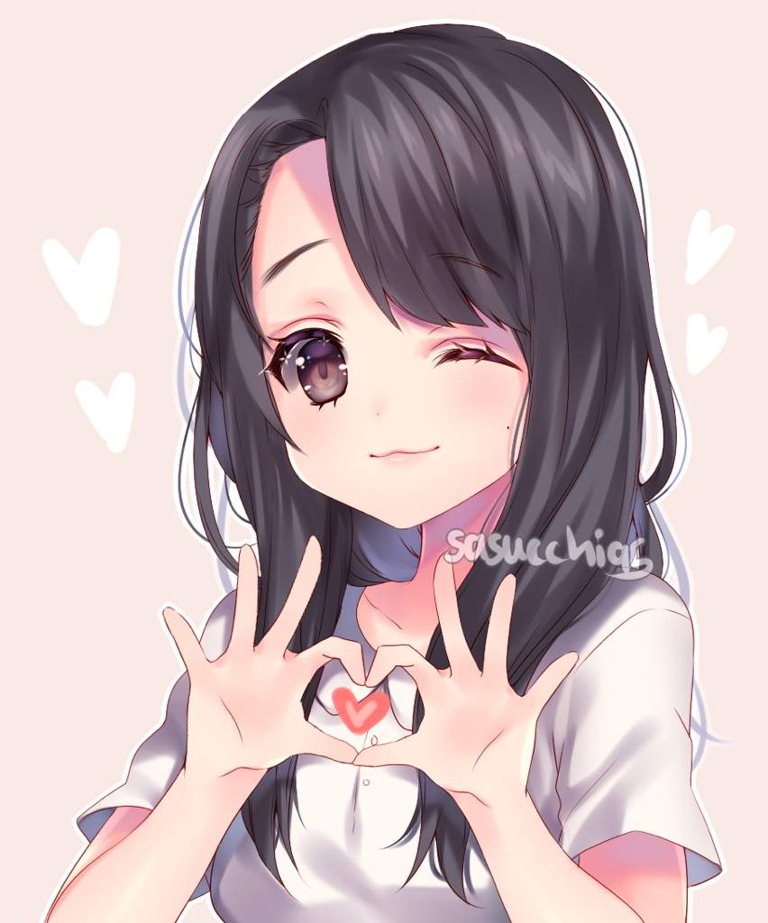 1girl ;3 art_trade artist_name asymmetrical_bangs black_hair blush breasts brown_background brown_eyes buttons closed_mouth collarbone collared_shirt commentary english_commentary hair_over_shoulder hands_up heart heart_hands heart_in_heart_hands looking_at_viewer one_eye_closed original outline raised_eyebrows sasucchi95 shirt short_sleeves simple_background small_breasts solo swept_bangs upper_body white_outline white_shirt