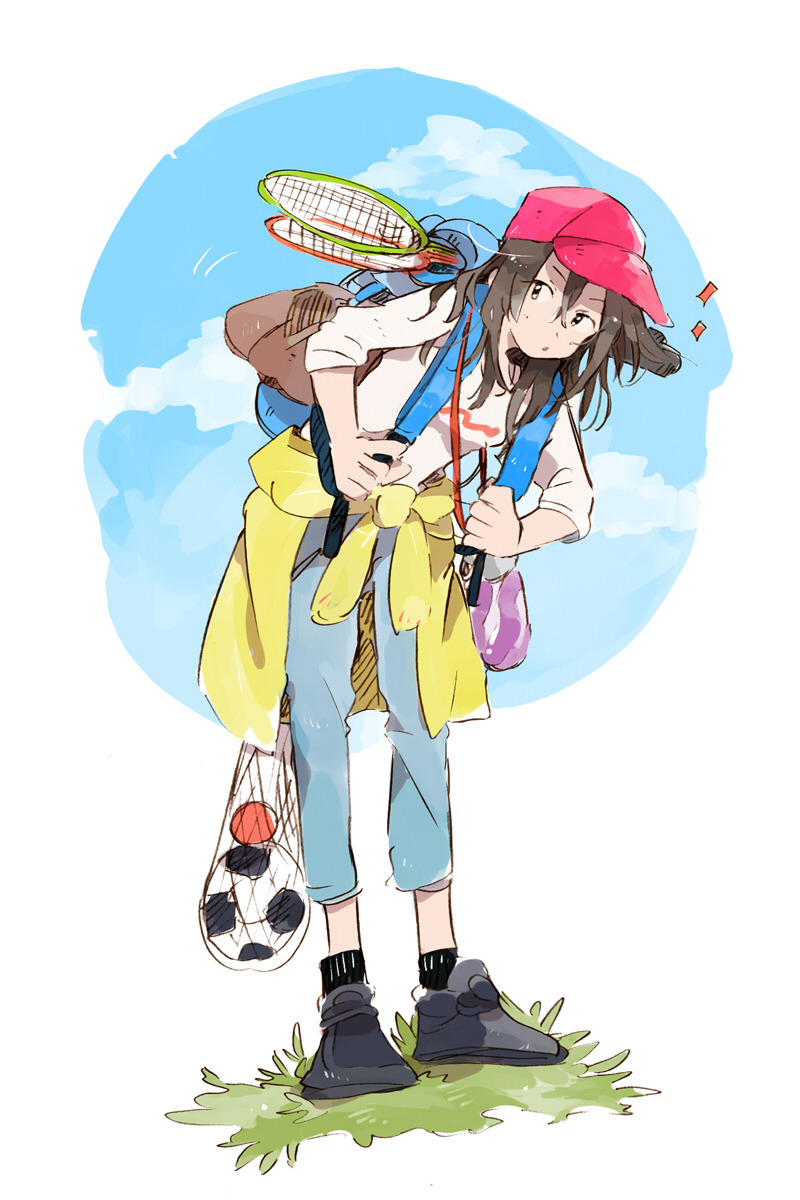 1girl :o ankle_socks backpack bag ball baseball_cap black_shoes black_socks blue_bag blue_pants blue_sky blush_stickers brown_hair clothes_around_waist cloud day full_body grass h_kawa hat highres holding_strap jacket jacket_around_waist leaning_forward long_hair long_sleeves net original outdoors pants parted_lips pink_hat racket shirt shoes sky sneakers soccer_ball socks solo sparkle tennis_racket three-quarter_sleeves v-shaped_eyebrows white_background white_shirt white_sleeves yellow_jacket