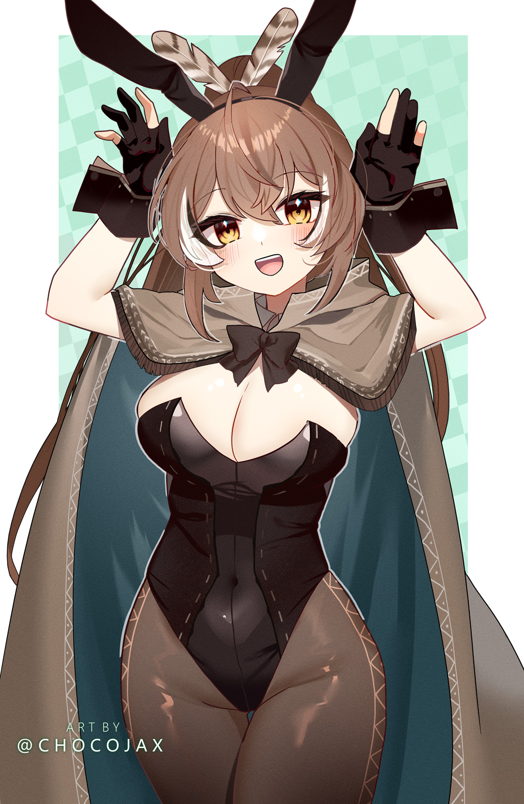 1girl :d animal_ears black_hair black_leotard breasts brown_eyes brown_hair brown_pantyhose chocojax cleavage cloak covered_navel fake_animal_ears gloves highres hololive hololive_english large_breasts leotard long_hair multicolored_hair nanashi_mumei open_mouth pantyhose partially_fingerless_gloves playboy_bunny ponytail rabbit_ears smile solo streaked_hair virtual_youtuber white_hair wrist_cuffs