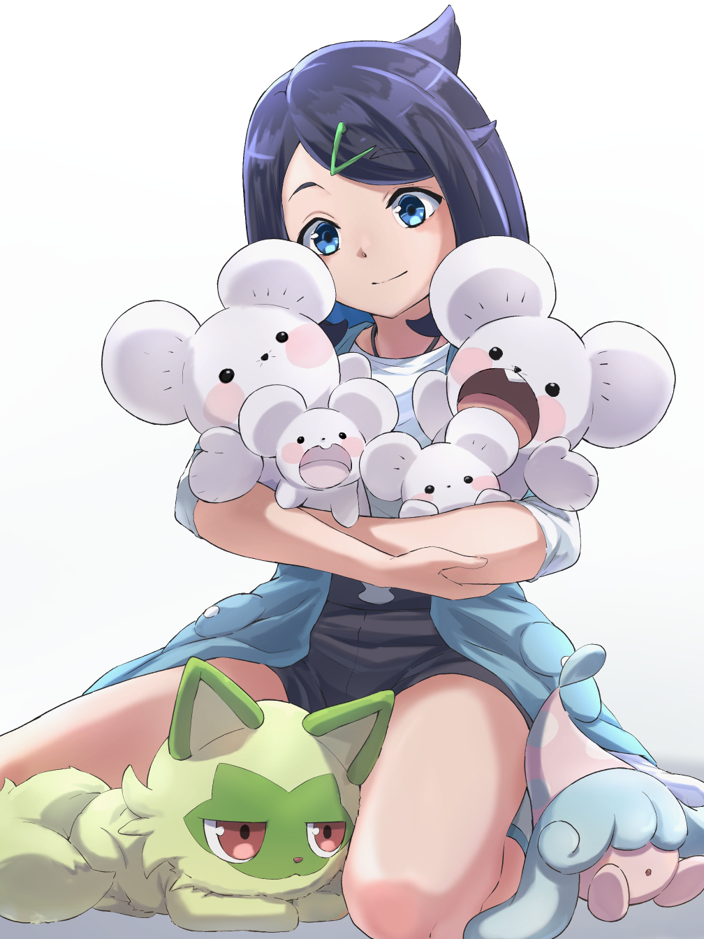 1girl animal_ears black_eyes black_hair black_shorts blue_eyes blue_hair blue_jacket brown_eyes cat_ears closed_mouth colored_inner_hair fang gen_8_pokemon green_fur hair_ornament hairclip hatenna highres holding itsudzumi jacket kneeling legs liko_(pokemon) lying maushold maushold_(family_of_four) mouse_ears multicolored_hair nintendo open_mouth pokemon pokemon_(anime) pokemon_(creature) pokemon_horizons shirt short_hair shorts sitting socks sprigatito swept_bangs tail wariza white_shirt