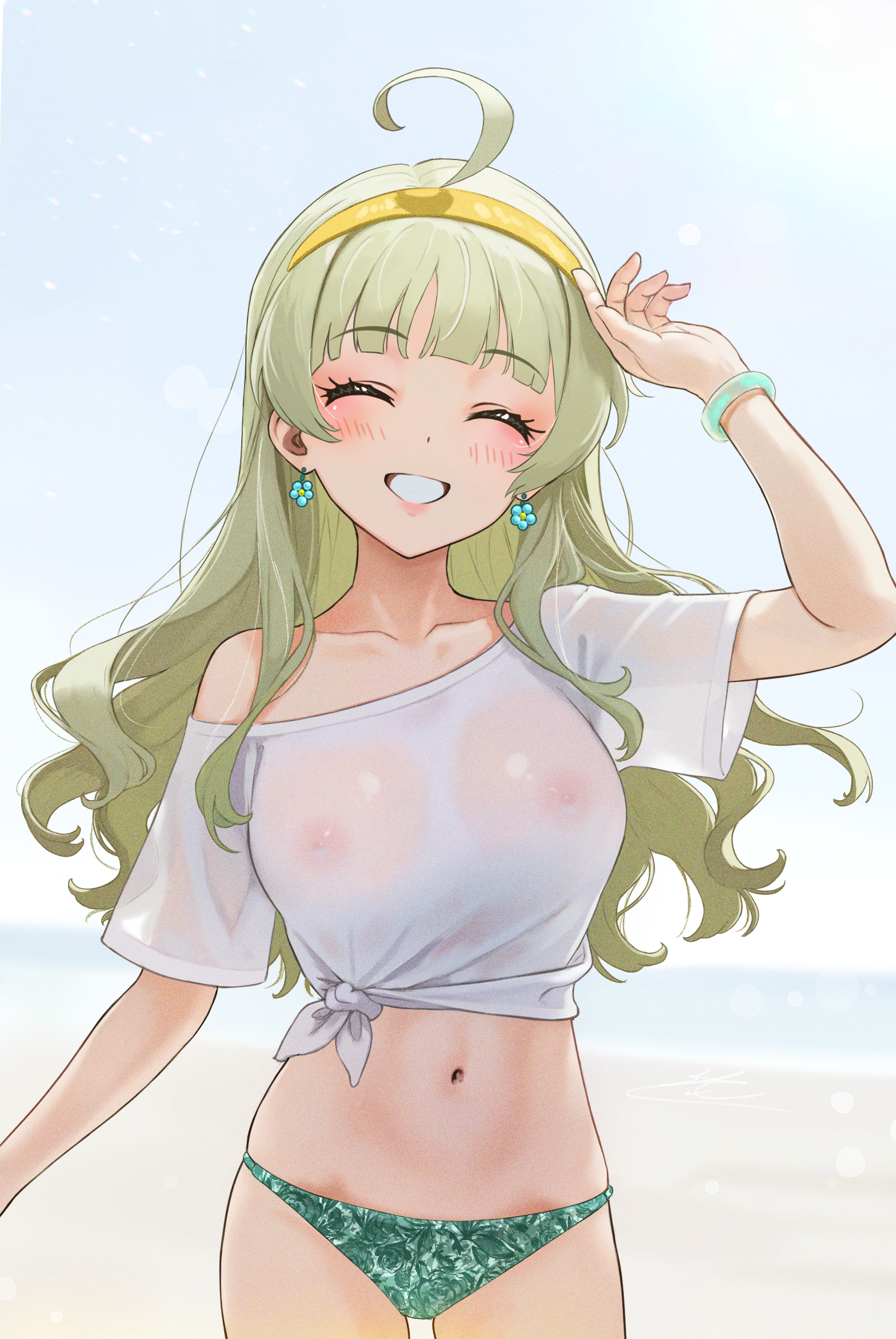 1girl ^_^ arm_up beach bikini bikini_bottom_only blush c_(theta) closed_eyes collarbone commentary_request covered_erect_nipples cowboy_shot earrings facing_viewer flower_earrings green_bikini green_hair hairband highres idolmaster idolmaster_million_live! jewelry long_hair navel outdoors shimabara_elena shirt single_bare_shoulder smile solo stomach swimsuit t-shirt tied_shirt very_long_hair white_shirt yellow_hairband