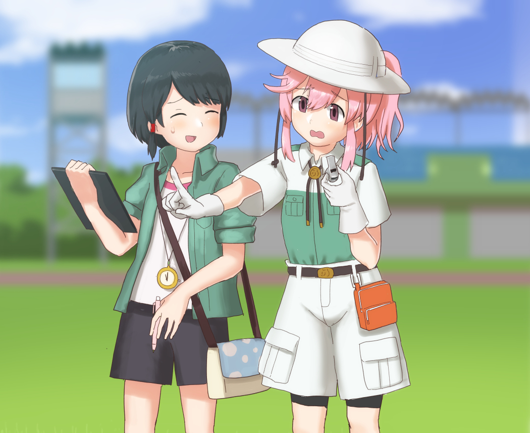 2girls bike_shorts bike_shorts_under_shorts black_hair black_shorts blush captain_(kemono_friends) captain_(kemono_friends)_(cosplay) clipboard collared_shirt cosplay costume_switch green_jacket helmet jacket kemono_friends multiple_girls nana_(kemono_friends) nana_(kemono_friends)_(cosplay) open_clothes open_jacket open_mouth pink_eyes pink_hair pith_helmet safari_jacket shirt short_hair short_shorts short_sleeves shorts side_ponytail smile stopwatch t-shirt watch whistle white_shirt white_shorts yumeumi_sousaku