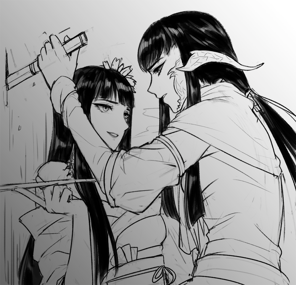 2girls au_ra bamboo9545 commentary dagger final_fantasy final_fantasy_xiv greyscale holding holding_dagger holding_knife holding_smoking_pipe holding_weapon japanese_clothes kimono knife long_hair looking_at_another monochrome multiple_girls off_shoulder parted_lips scales smile smoke smoking_pipe weapon yotsuyu_goe_brutus yugiri_mistwalker yuri