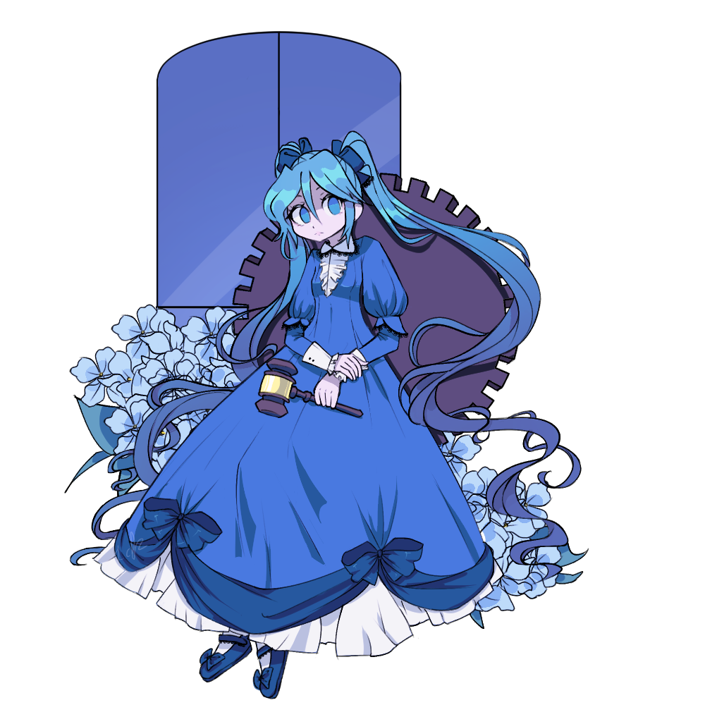 aqua_eyes aqua_hair blue_dress blue_shoes bow chaban_capriccio_(vocaloid) clockworker&#039;s_doll dress dress_bow evillious_nendaiki flower frilled_dress frills gavel gears hair_ribbon hammer hatsune_miku holding holding_hammer holding_own_wrist houtei_no_nushi hydrangea juliet_sleeves lcfz long_hair long_sleeves mary_janes master_of_the_court_(vocaloid) pale_skin puffy_sleeves ribbon shoes solo twintails very_long_hair victorian vocaloid window