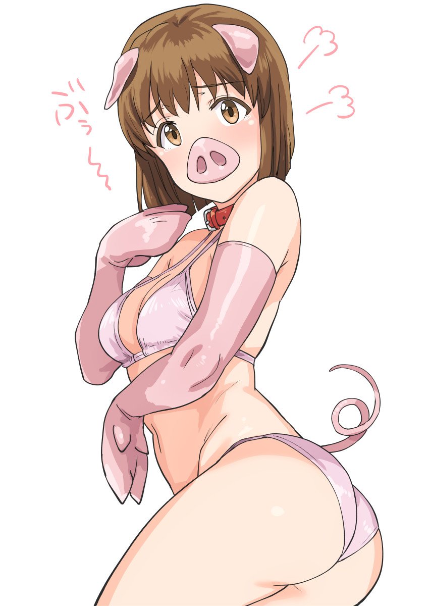 1girl animal_collar animal_ears animal_hands ass bikini blush brown_eyes brown_hair collar commentary_request elbow_gloves fake_animal_ears fake_tail from_side gloves hagiwara_yukiho hand_up highres idolmaster idolmaster_(classic) looking_at_viewer looking_to_the_side pig_ears pig_girl pig_nose pig_tail pink_bikini pink_gloves red_collar short_hair simple_background solo swimsuit tail tears tsurui white_background