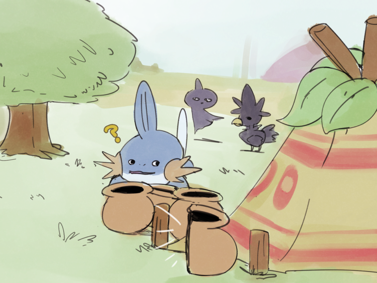 ? animal_focus black_eyes blue_sky boke-chan confused day gen_2_pokemon gen_3_pokemon leaf mudkip murkrow nintendo no_humans notice_lines open_mouth outdoors pokemon pokemon_(creature) pokemon_mystery_dungeon shuppet sketch sky storage_pot teepee tent tree