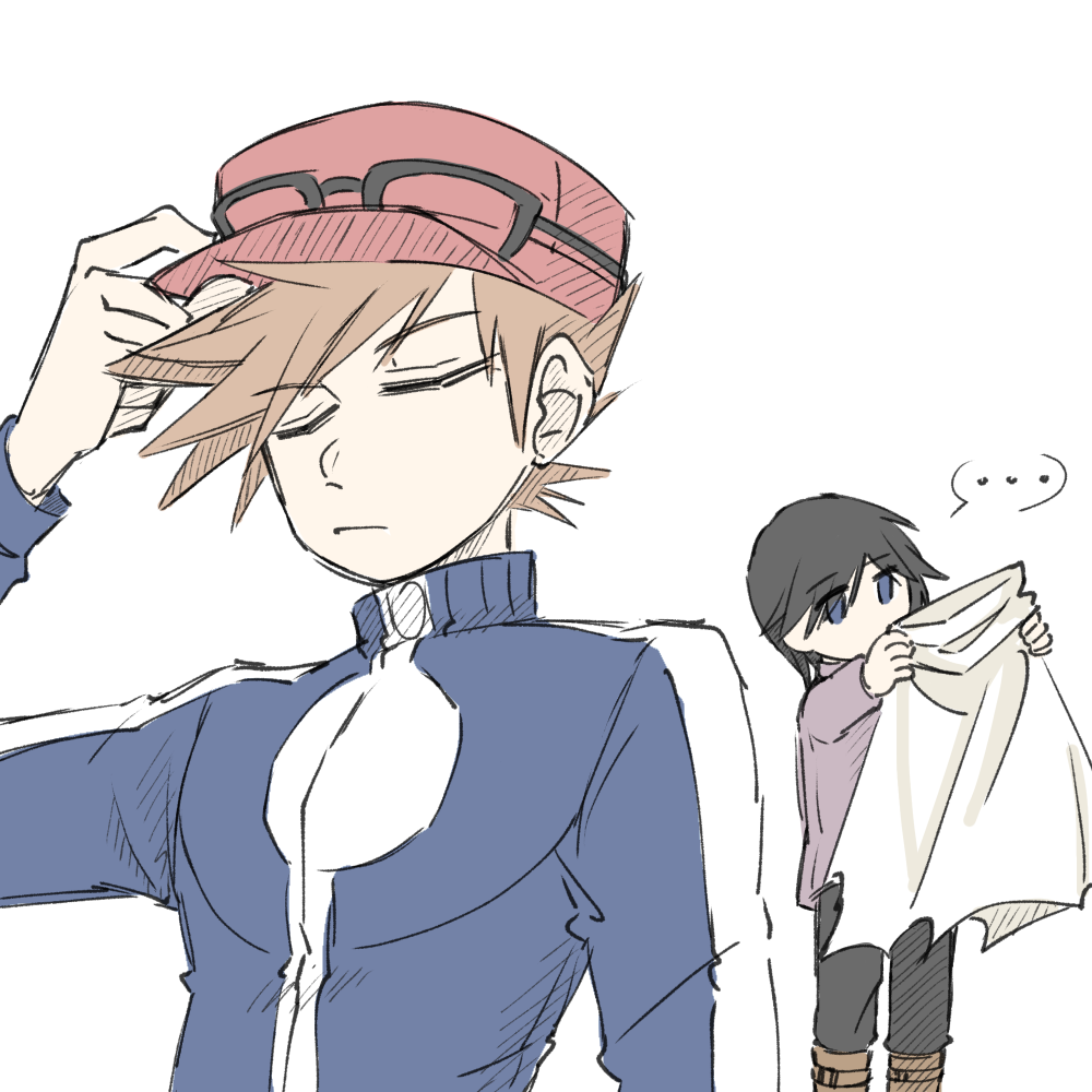 2boys blue_oak blue_oak_(cosplay) calem_(pokemon) calem_(pokemon)_(cosplay) cloak cosplay costume_switch eyewear_on_headwear hat jacket multiple_boys nintendo pokemon pokemon_adventures purple_shirt red_hat riceball_(gohan_gin) shirt spiked_hair sunglasses turtleneck turtleneck_jacket white_cloak