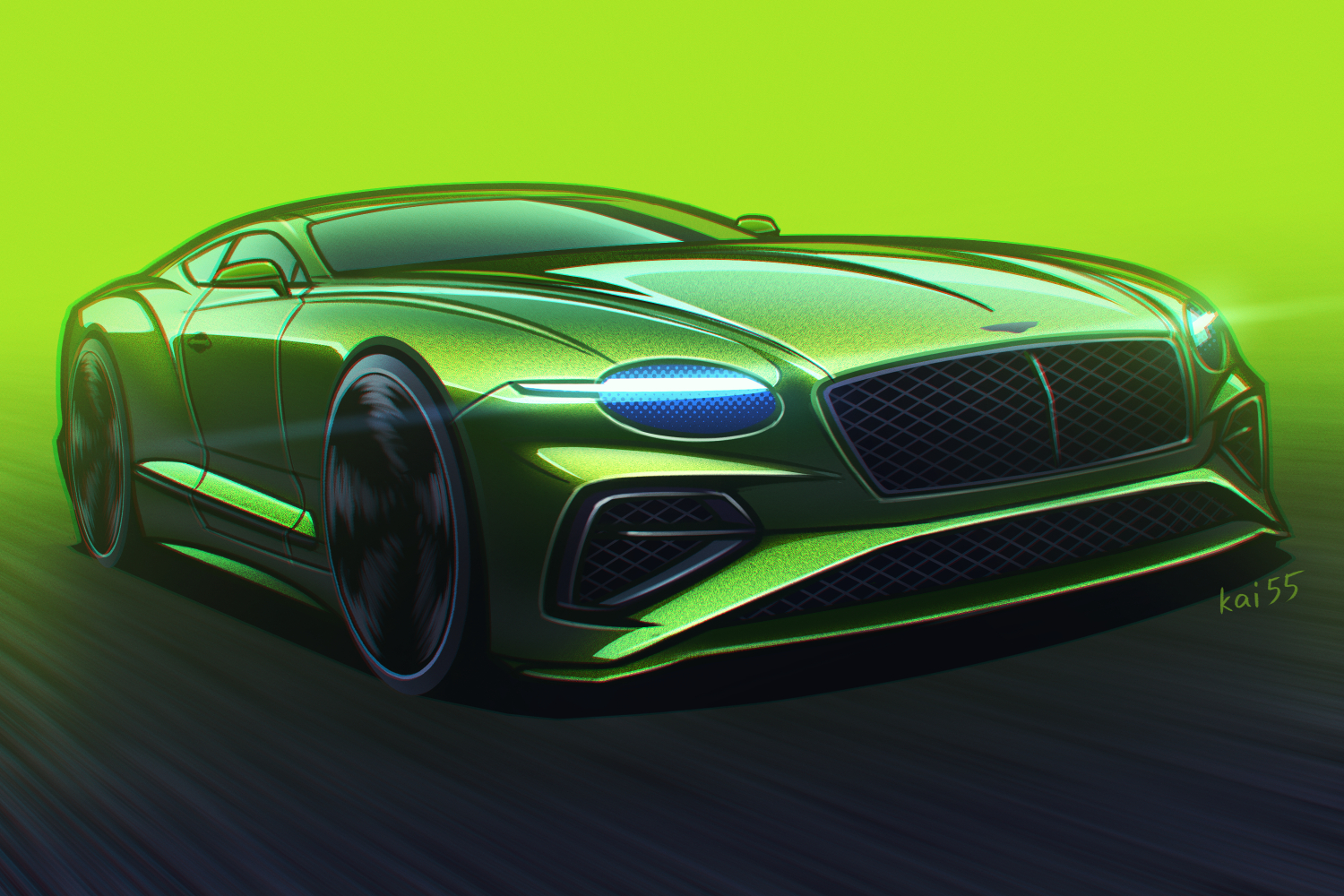 artist_name bentley bentley_continental_gt car glowing green_background green_car green_theme kai55 light_trail motor_vehicle no_humans original sports_car vehicle_focus