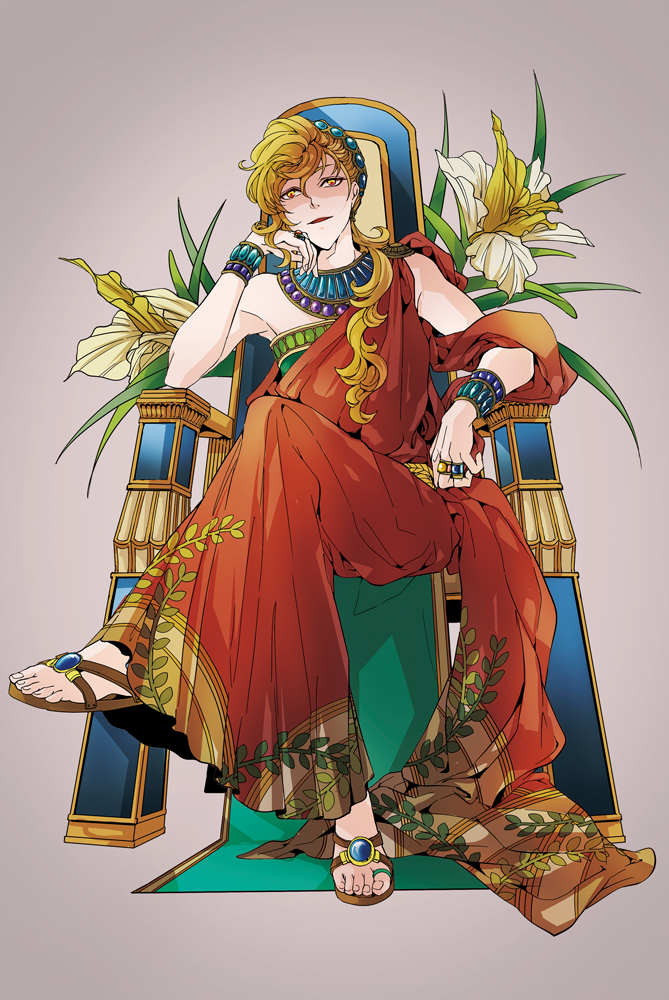 1boy ancient_greek_clothes bare_shoulders blonde_hair flower full_body greco-roman_clothes grey_background hair_between_eyes hand_on_own_face king looking_at_viewer male_focus medium_hair na_(sodium) official_art original peplos roman_clothes sandals simple_background sitting sitting_on_throne solo toenails toes yellow_eyes