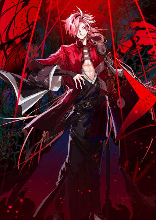 1boy abs arm_at_side armor asymmetrical_sleeves buttons closed_mouth clothing_request endo_(takolegs) fate/grand_order fate_(series) feet_out_of_frame floating_hair game_cg hair_over_one_eye hand_up high_collar japanese_armor japanese_clothes katana kote kurokote layered_sleeves long_hair long_sleeves looking_at_viewer male_focus multicolored_hair official_art one_eye_covered red_background red_eyes red_hair red_theme sheath sheathed smile solo standing streaked_hair sword takasugi_shinsaku_(fate) tassel third-party_source toned toned_male variant_set very_long_hair weapon wide_sleeves